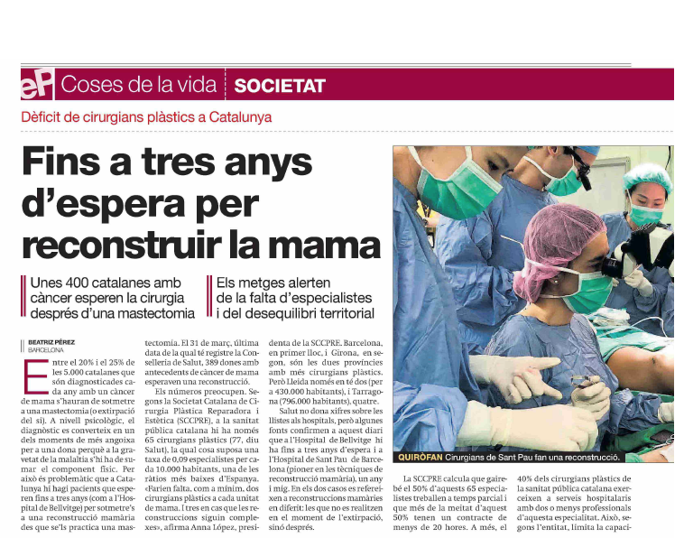 Notícia i editorial a El Periódico: Manca de cirurgians plàstics a Catalunya